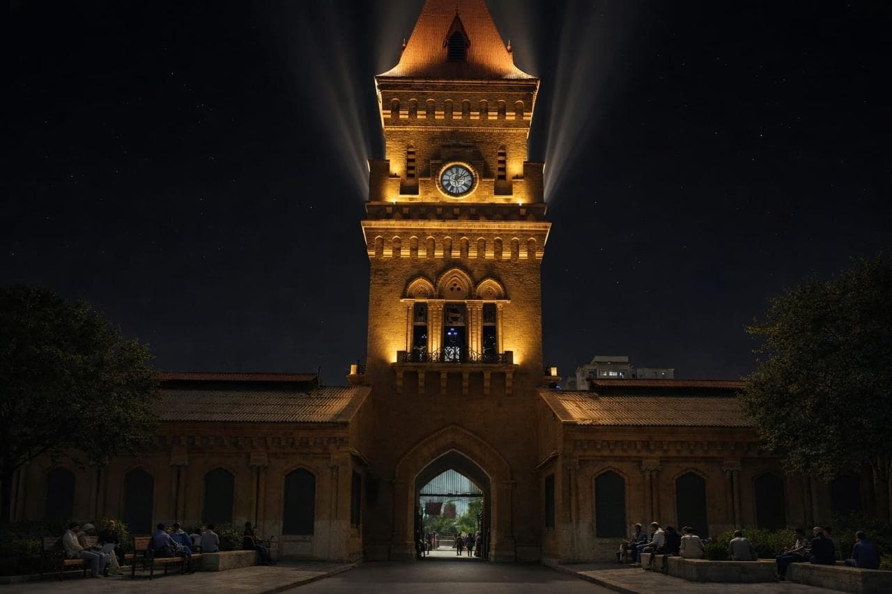 Empress Market's Gothic-revival clocktower seen from below