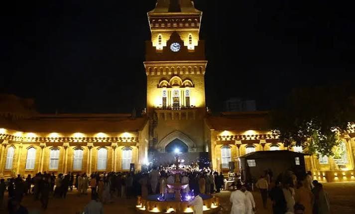 Empress Market clocktower illuminated at night